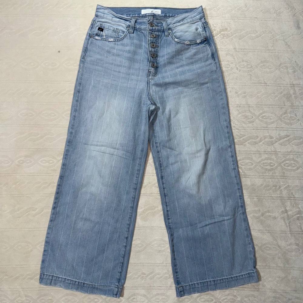 Kancan LIGHT DENIM PIN STRIPE MULTI BUTTON WIDE LEG JEANS - Picture 2 of 5